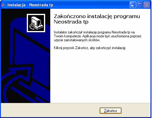 7. W kolejnym kroku aplikacja zapyta, czy utworzyć skrót do programu Neostrada tp na pulpicie. Jeśli nie chcesz skrótu na pulpicie, odznacz Utwórz ikonę na pulpicie, a następnie przejdź Dalej. 8.