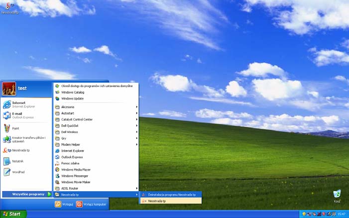 4. Z menu Start->Wszystkie programy- >Neostrada tp wybierz Deinstalacja programu Neostrada tp. 5. Potwierdź deinstalację aplikacji klikając przycisk Tak. 6.