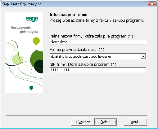 Rejestracja i aktywacja Sage Symfonia e-deklaracje 2 Rys. 2 Komunikat z prośbą o potwierdzenie przerwania rejestracji. Rys. 3 Okno Karta rejestracyjna strona Informacje o firmie.