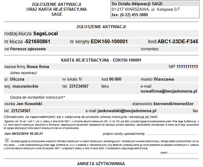 Rejestracja i aktywacja Sage Symfonia e-deklaracje 7 Rys. 11 Karta rejestracyjna gotowa do wydruku.