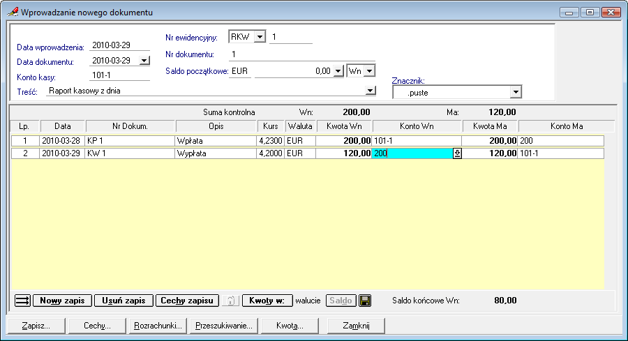 Symfonia Finanse i Księgowość 4 / 11 Rys. 2. Okno wprowadzania dokumentu Raport Kasowy Walutowy. 3.