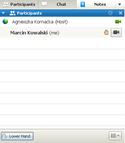 .4 Lista uczestników spotkania wideo. Rysunek 9a. Uczestnicy spotkania w aplikacji Cisco WebEx Meeting Center W obszarze PARTICIPANTS widoczni są wszyscy uczestnicy spotkania.