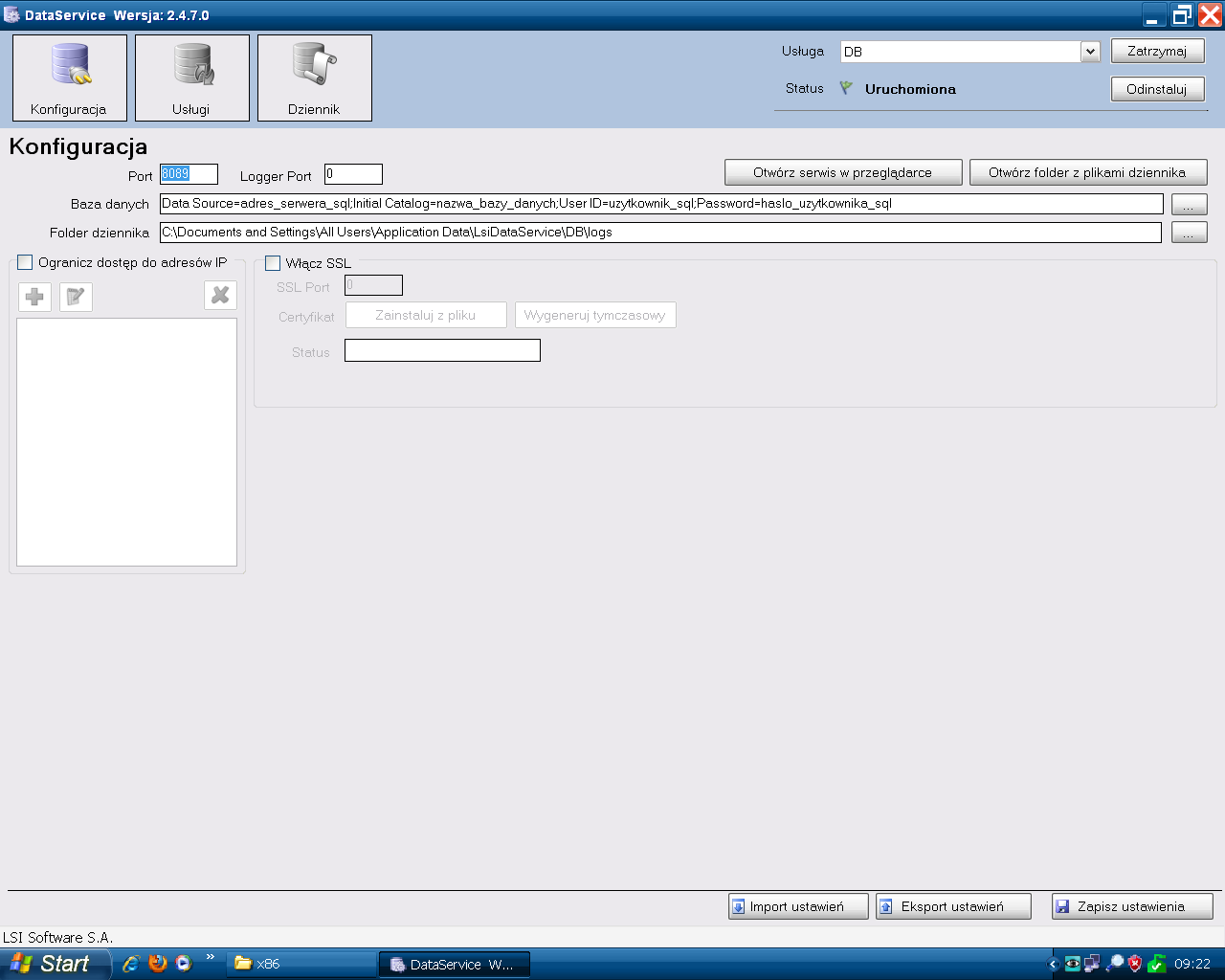 KONIECZNIE wyłączamy teraz program Configurator i uruchamiamy go ponownie Po ponownym uruchomieniu programu Configurator instalujemy usługę: Główny ekran aplikacji powinien wyglądać jak na rysunku