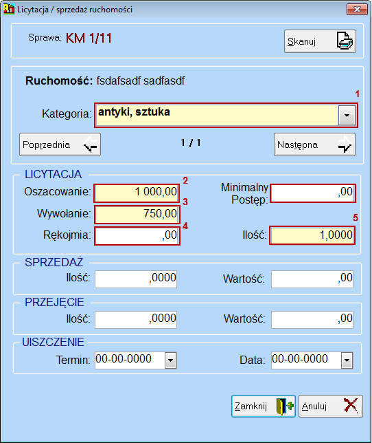 Rys. 38. Ekran licytacja/sprzedaż ruchomości 2 - komornik sql Wciśnięcie przycisku Więcej w oknie projektu ruchomości powoduje wyświetlenie szczegółowych jej danych.