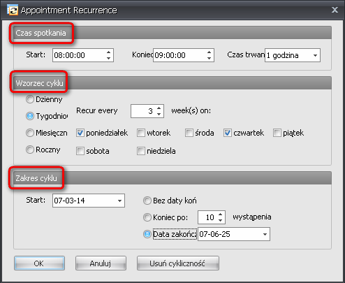 Dodatkowe opcje : * Cykliczność Ta opcja pozwala na powtarzanie zdarzenia w kalendarzu ustalając wzorzec cyklu, np.