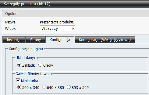 W tym celu w konfiguracji pluginu Prezentacja produktu dodano możliwość aktywowania i ustalenia rozdzielczości miniatury filmu w układzie danych w formie zakładek. 2.