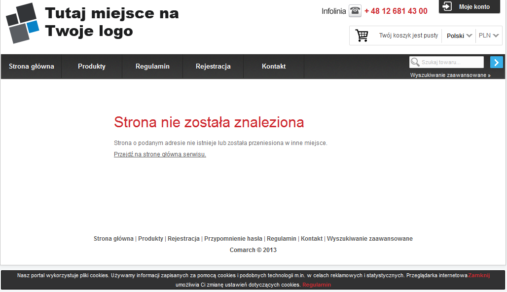 Po wpisaniu nieistniejącej strony, grupy lub produktu zostanie wyświetlona strona błędu 404 wskazana w polu HTTP 404.