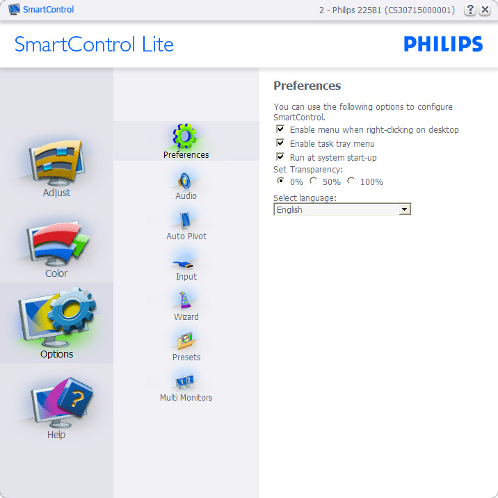 Options>Preferences (Opcje>Preferencje) - Będzie aktywne wyłącznie po wybraniu pozycji Preferences (Preferencje) z menu rozwijanego Options (Opcje).