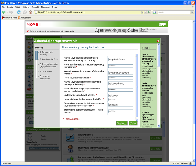 1.3.1 Instalacja podstawowa Instalacja podstawowa to 5-etapowy proces powodujący skonfigurowanie aplikacji Helpdesk z użyciem domyślnych, zalecanych ustawień. 1 Na stronie 2.