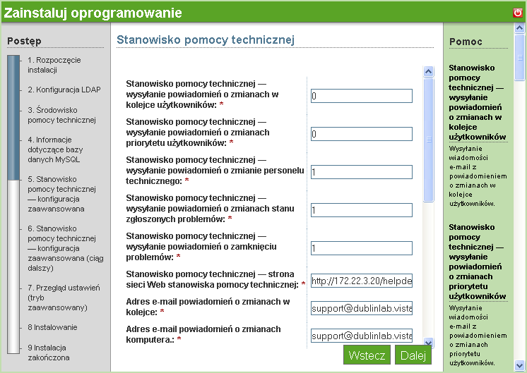 7 Skonfiguruj ustawienia zaawansowanej konfiguracji programu Helpdesk i kliknij przycisk Dalej.