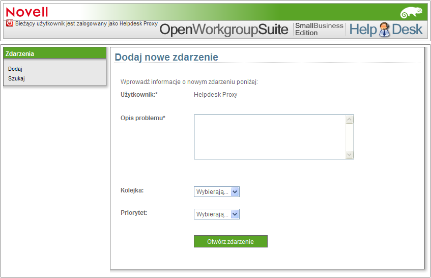 Rysunek 2-1 Strona Dodaj nowe zdarzenie 2.1.1 Wskazówki dla użytkowników dotyczące przesyłania żetonów do programu Helpdesk 1 Na stronie Dodaj nowe zdarzenie kliknij przycisk Dodaj.