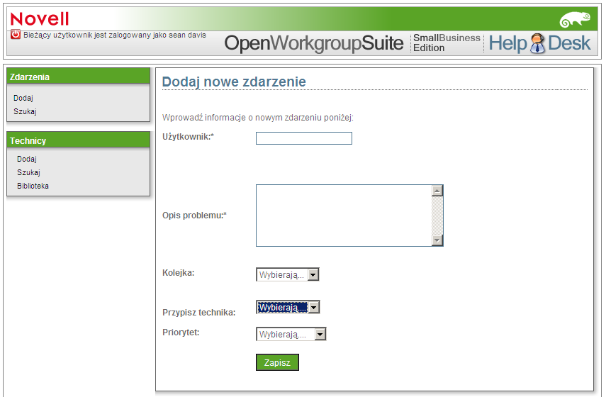 2.2 Rola Pracownik pomocy technicznej Panel Technicy zawiera opcje umożliwiające dodawanie żetonów zgłoszeń do programu Helpdesk oraz wyświetlanie istniejących i już zrealizowanych zgłoszeń