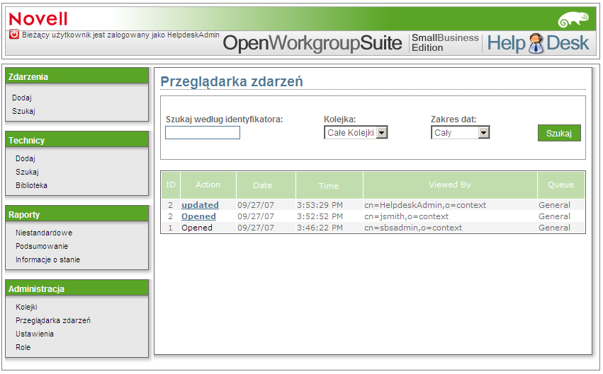 2.4.4 Ustawienia Baza danych ustawień jest automatycznie wypełniana informacjami z usługi edirectory. Aby wprowadzić określone zmiany w ustawieniach programu Helpdesk, służy do tego właśnie to okno.