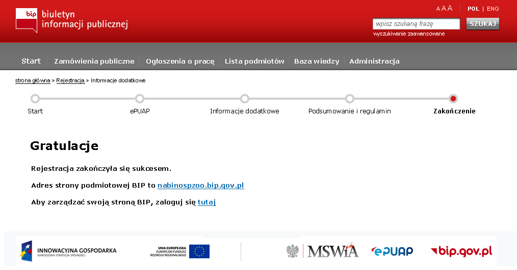 Krok 5 Użytkownik przekierowany zostaje na stronę informującą o zakooczeniu rejestracji.