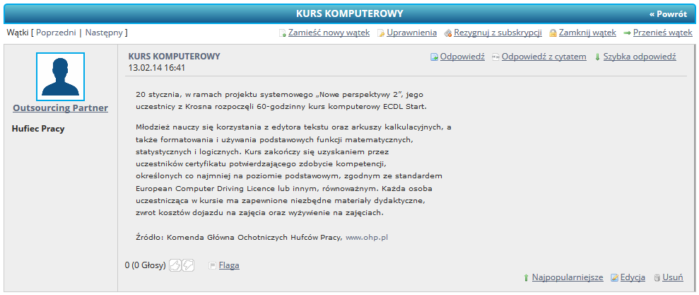Rysunek 25. Wpis opublikowany na forum Na potrzeby realizacji tego wymagania, wykonany został specjalny moduł, który prezentuje listę krótkich wiadomości tekstowych wprowadzanych przez użytkowników.