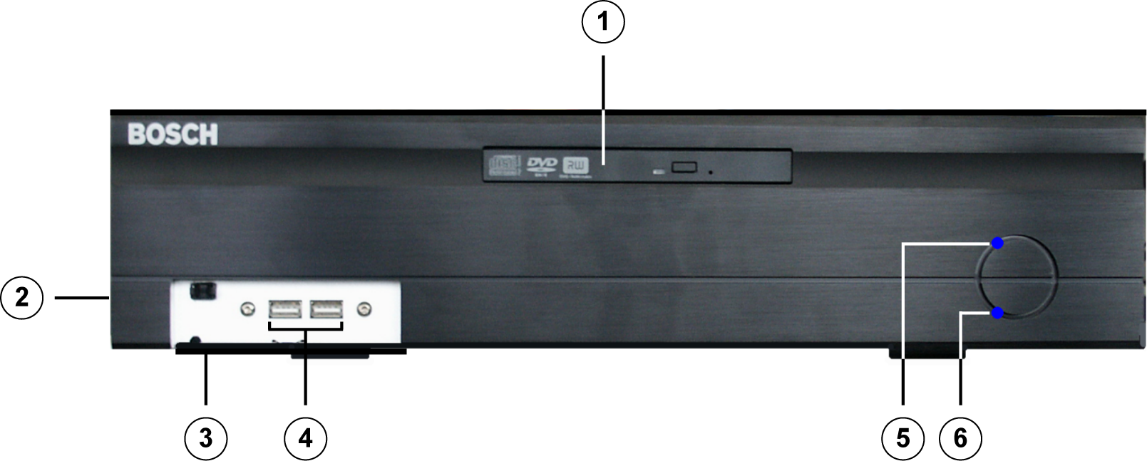 26 pl Przyłącza urządzeń DiBos/DiBos Micro 3.2 DiBos Micro 3.2.1 DiBos Micro widok z przodu 1 DVD-RW 4 2x USB 2.
