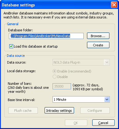 b) ustawid jako źródło danych dla AmiBrokera aplikację NOL3 (każda baza lokalna AmiBrokera może mied swoje dane źródło danych, do którego AmiBroker łączy się za pomocą danego plugina odpowiedniego do