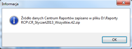 Rysunek 23. Postęp generowania źródła danych do Centrum raportów Po zakończeniu generowania program wyświetli informację o tym, gdzie zapisano źródło danych (rysunek 24). Rysunek 24.