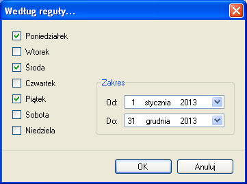 Rysunek 53. Okno dialogowe Edycja dni kalendarza Aby ułatwić zaznaczanie dni w całym roku wg jakieś reguły (np.