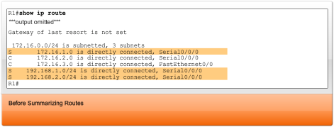 Trasy domyślne przykład Trzy trasy statyczne na R1: ip route 172.16.1.0 255.255.255.0 serial 0/0/0 ip route 12.168.1.0 255.255.255.0 serial 0/0/0 ip route 12.168.2.0 255.255.255.0 serial 0/0/0 W routerze R1 trzy trasy statyczne zostają zastąpione pojedynczą trasą domyślną.