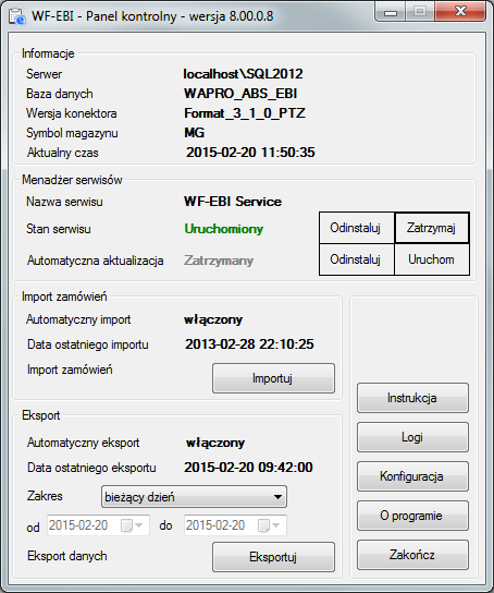 2.3. Główne okno modułu Okno panelu kontrolnego pokazuje podstawowe informacje o stanach usług, dacie ostatniego eksportu, dacie ostatniego importu zamówień, parametrach połączenia oraz stanie