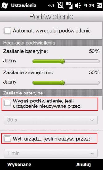 Na karcie Podświetlenie należy odznaczyd pozycje wyróżnione na czerwono: a. Wygaś podświetlenie, jeśli urządzenie nieużywane przez: b.