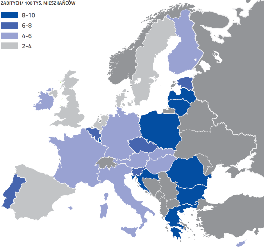 1. Polska na tle państw Unii Europejskiej (źródło: Stan bezpieczeństwa ruchu drogowego oraz działania realizowane w tym zakresie 2013 - KRBRD).