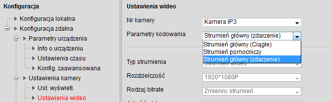 Uwaga: Dla kamery powiązanej z alarmem w chwili wystąpienia zdarzenia zostają zmienione parametry kodowania na parametry ustawione dla strumienia głównego