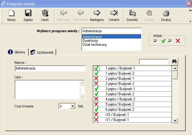 5.2.2. Program windy Ekran Moduł Program windy jest używany w większości aplikacji wind, gdy te same przekaźniki/przyciski windy są zastosowane do wszystkich czytników.
