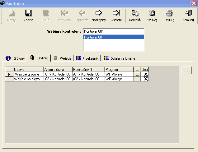 3.3.2. Kontroler - Czytniki Tabela informacyjna zawiera wszystkie parametry czytników, ściśle powiązanych z danym kontrolerem.