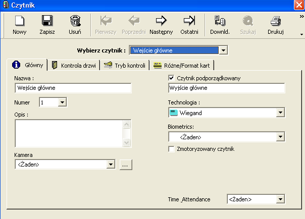 3.3.2.1. Kontroler - Czytniki - Główny Ekran Czytnik pozwala na wpisanie wszystkich parametrów czytnika.