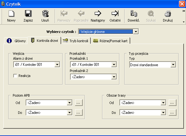 3.3.2.2. Kontroler - Czytniki Kontrola drzwi Na tym ekranie możemy zdefiniować sposób podłączenia drzwi.