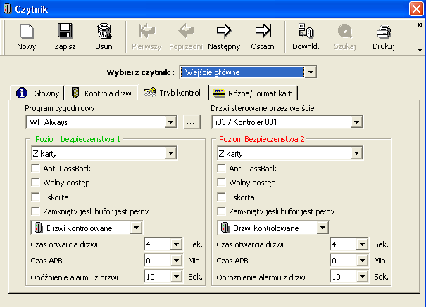 3.3.2.3. Kontroler - Czytniki Tryb kontroli Działanie czytnika zależy od zdefiniowanych stref czasowych. Parametry te wraz z poziomami bezpieczeństwa można zdefiniować na poniższym ekranie.