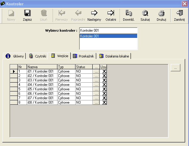 3.3.3. Kontroler - Wejście W tej tabeli przedstawione są wszystkie parametry wejść połączonych z kontrolerami. Domyślne parametry pojawią się zgodnie z typem kontrolera.