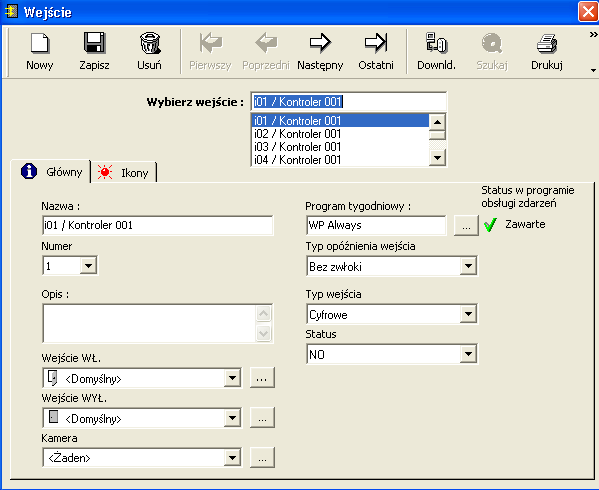 3.3.3.1. Kontroler - Wejście Główny Na ekranie Wejście możemy zdefiniować parametry wejść.