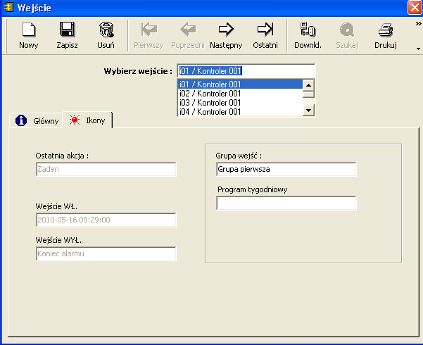 3.3.3.2. Kontroler - Wejście Ikony Ta zakładka dostarcza nam informacje na temat alarmów. System wyświetla je automatycznie, bez możliwości ich modyfikacji.