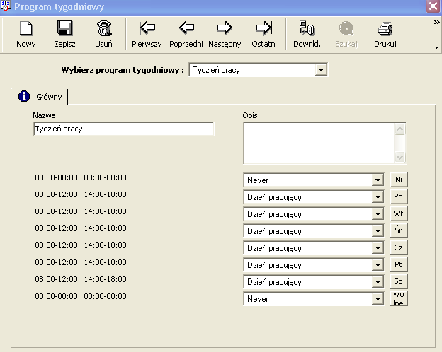 Nowy program tygodniowy Ramy czasowe są ustawione domyślnie dla nowego programu dziennego od 08.00 do 12.00 i od 14.00 do 18.00. 3.