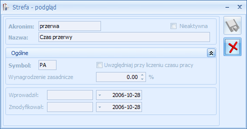 Podręcznik Użytkownika systemu Comarch OPT!MA Str. 131 Rys. 82 Formularz strefy 6.1.11.