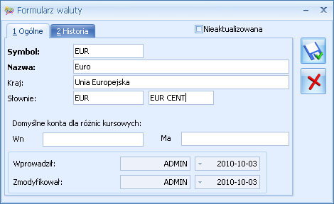 Str. 202 Konfiguracja systemu v.2012 Lista zawiera kolumny Symbol, Nazwa oraz Domyślny. Kolumna Domyślny ustawiona na Tak określa, że dany typ kursu jest proponowany domyślnie.