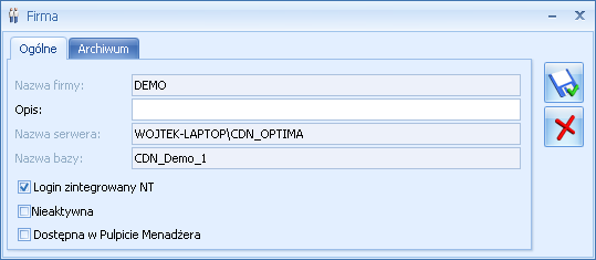 Str. 208 Konfiguracja systemu v.2012 Rys. 104 Dodanie nowej bazy danych 1. Informacja o firmie - program pyta o nazwę firmy, dla której tworzona jest baza danych. 2. Połączenie z serwerem - program pyta o nazwę serwera, na którym ma znajdować się baza danych.