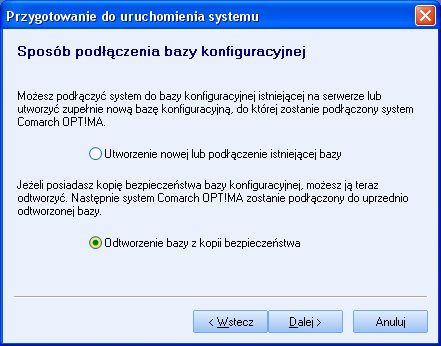 Podręcznik Użytkownika systemu Comarch OPT!MA Str. 211 Uwaga: Odtworzenie kopii bazy konfiguracyjnej jest możliwe tylko z okna zmiany bazy konfiguracyjnej. Możliwość ta została opisana poniżej. Rys.
