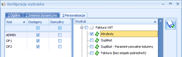 Str. 56 Konfiguracja systemu v.2012 Rys. 38 Konfiguracja wydruków Na zakładce Ogólne, w menu kontekstowym (dostępnym po kliknięciu prawym przyciskiem myszy na wybrany wydruk) znajduje się m.in.