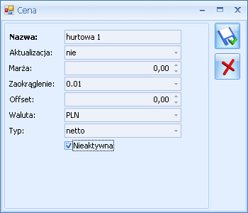 Str. 74 Konfiguracja systemu v.2012 6.1.5 Handel 6.1.5.1 Ceny towarów i usług Dla każdego towaru lub usługi można w systemie Comarch OPT!MA zapamiętać dowolną liczbę cen sprzedaży (co najmniej jedna).