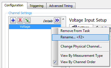 Kliknij prawym przyciskiem myszy w pozycję Voltage, znajdującą się na liście kanałów. Wybierz Rename, aby wyświetlić okno zmiany nazwy kanału.