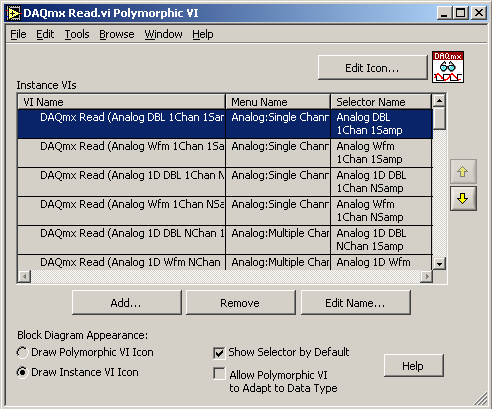 Dygresja Polimorfizm (Polymorphic VI s) Polymorphic VI Selector Wiele funkcji umieszczanych na diagramie blokowym akceptuje sygnały różnego typu, podłączane do tego samego wejścia (najprostszy