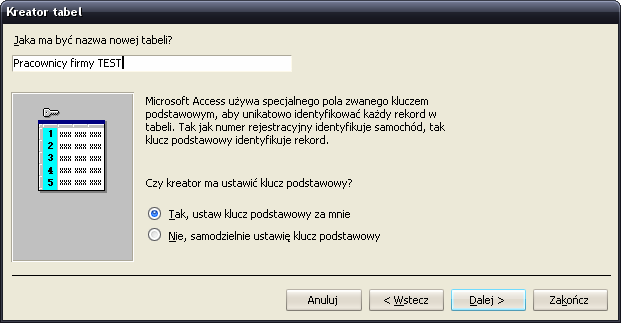 c) wybierz nazwę dla tabeli (Pracownicy firmy TEST) i pozwól bazie Access automatycznie dodać do tabeli pole, które będzie jej kluczem podstawowym.