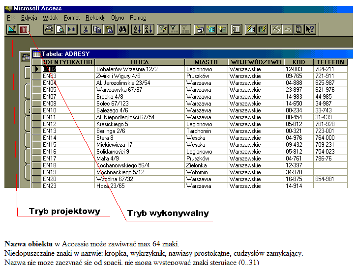 Tryby pracy w Accessie Każdy z obiektów może