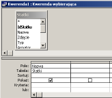 - Wstaw do tabeli projektu kwerendy z tabeli Statki następujące pola: IdStatku, Nazwa, Typ, Armator, L, B, d, V, Data_budowy (kliknij w wierszu Pole w odpowiednią komórkę i wybierz z listy właściwą