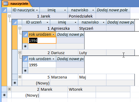 W oknie edytowanie relacji zaznaczamy Wymuszaj więzy integralności i klikamy utwórz Widoczny typ relacji pomiędzy tabelami W oknie Relacje widoczne są relacje jakie zachodzą pomiędzy