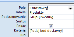 5.5. Utworzenie kwerendy łączącej tabele: Produkty, Dostawcy i Kategorie za pomocą kreatora Wybierz: Kwerendy\ Nowy\ Kreator prostych kwerend Wybierz tabelę Produkty i dodaj wszystkie pola Wybierz
